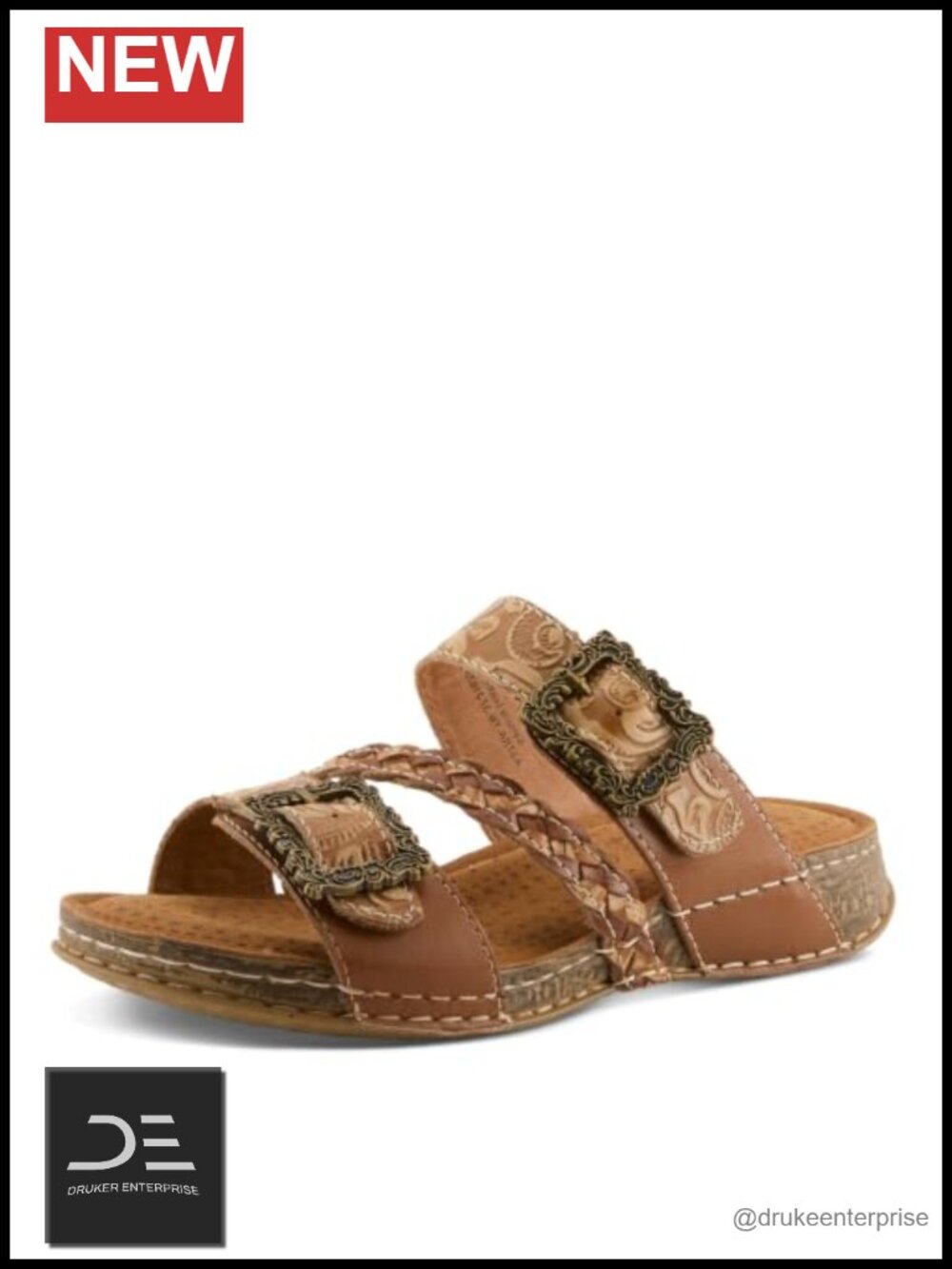Hand Painted Leather Slide Sandals with Cushioned Insole and Adjustable Straps